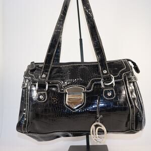 Liz Claiborne Black Croc Embossed Faux Patent Leather Satchel Tote Handbag